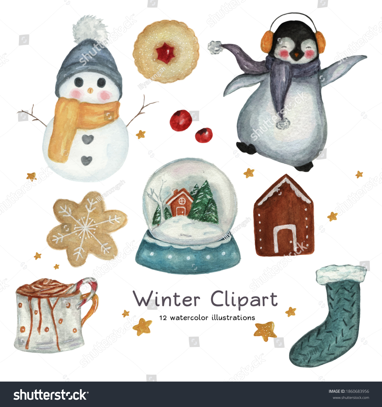 Winter clipart illustration. Cute penguin  snowman  snow globe  cookies  gingerbread house  hot chocolate  candy  sock  berry  and stars