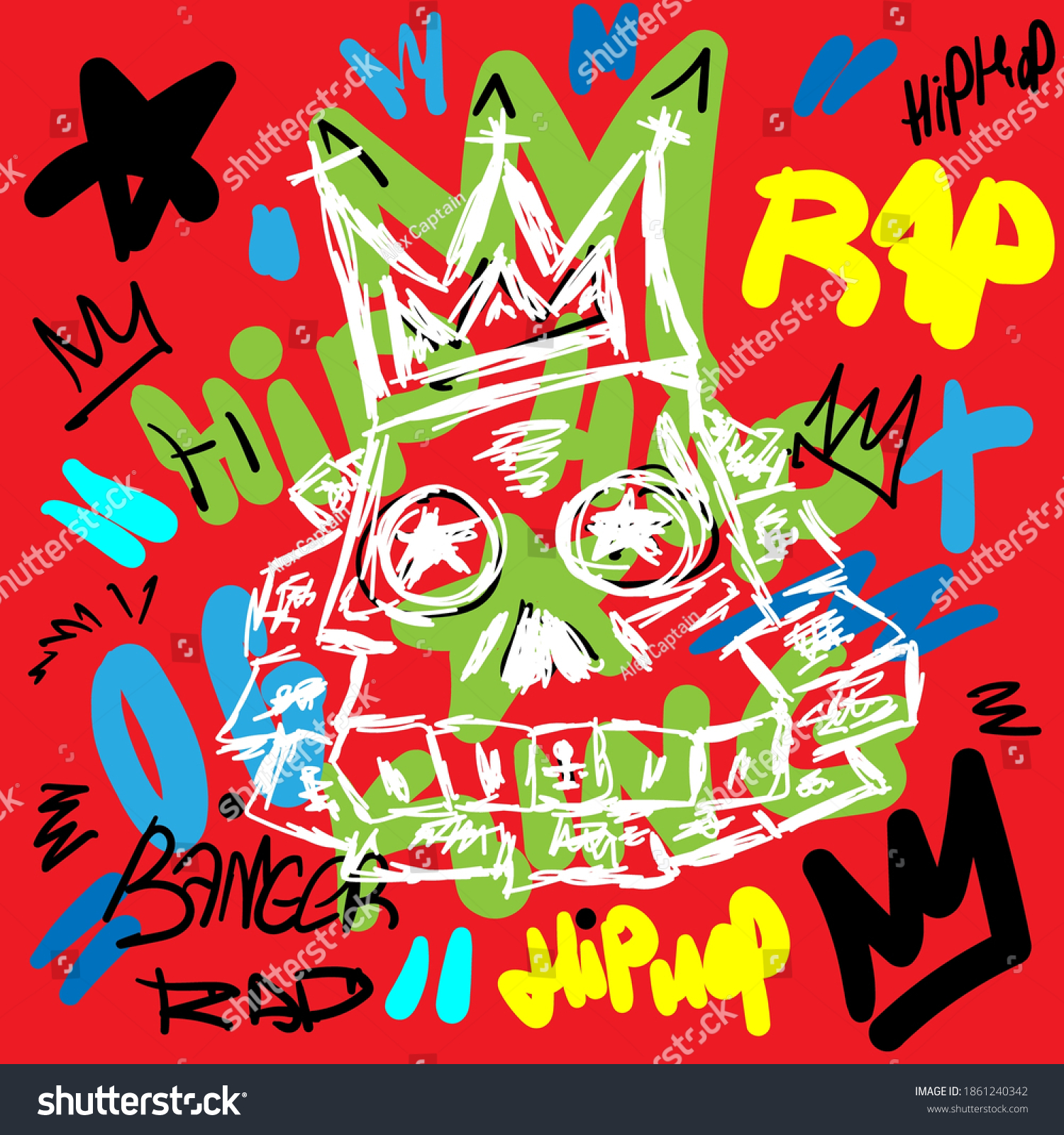 Colorful rap print with skull and text drawn by hand. Sketch  doodle  scribble. Vector illustration.