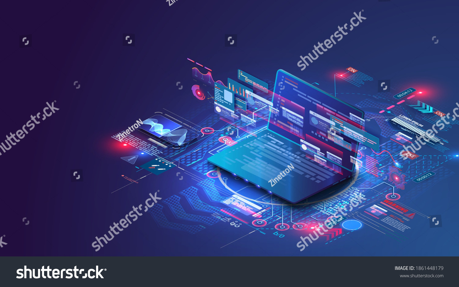 Application of isometric laptop with business graph and analytics data. Analysis trends and software development coding process concept. Programming  testing cross platform code.Programming or coding