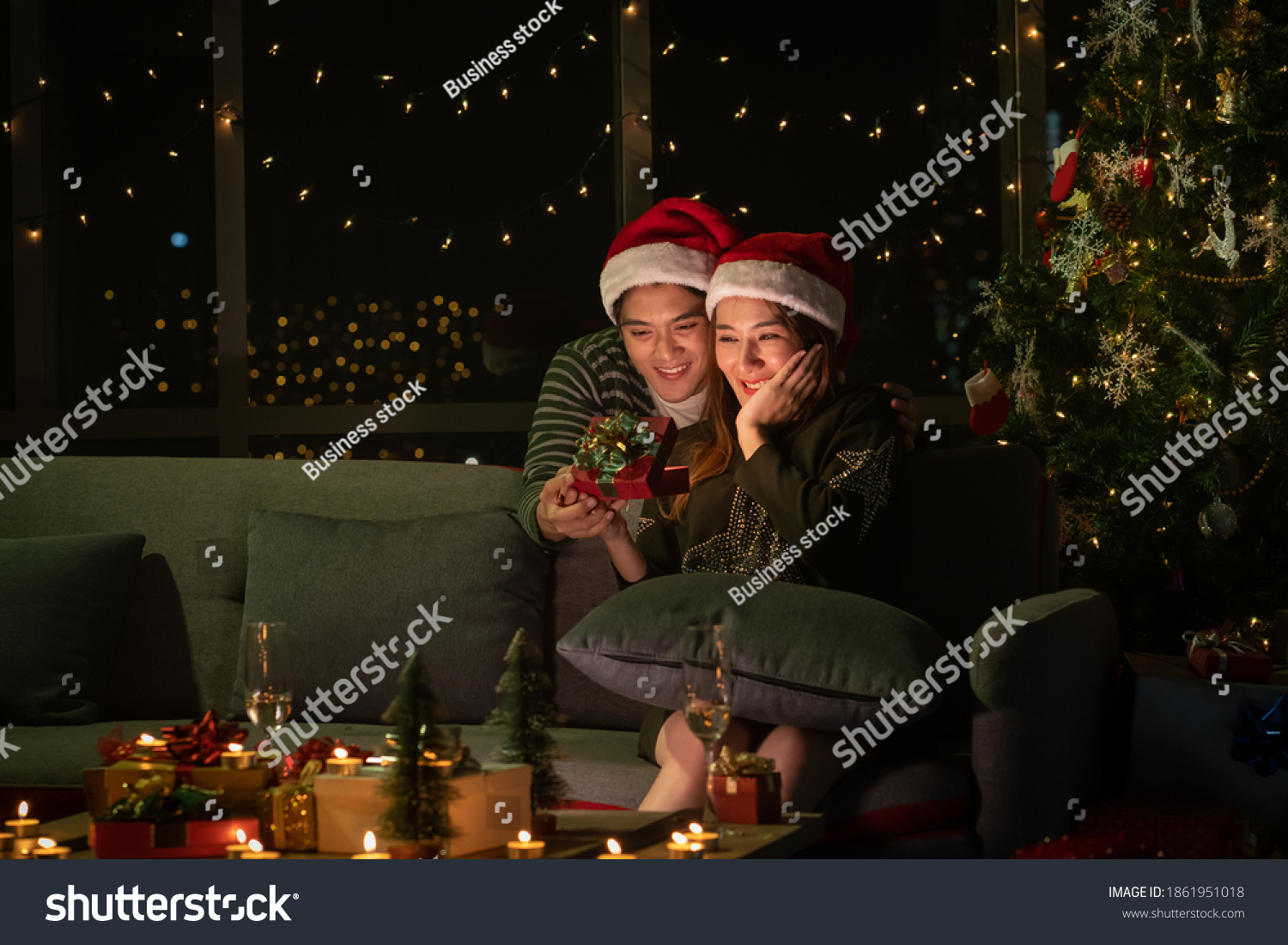 Young asian couple celebration Christmas night party and Happy new year 2021