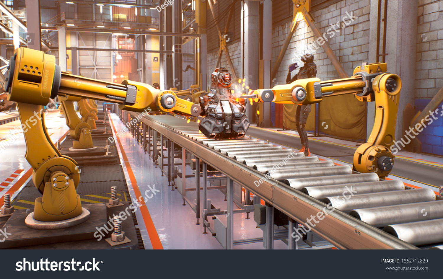 Automated robotic assembly line. Robotics works in a production line of robot parts in a factory. Technology and automation. 3D Rendering.