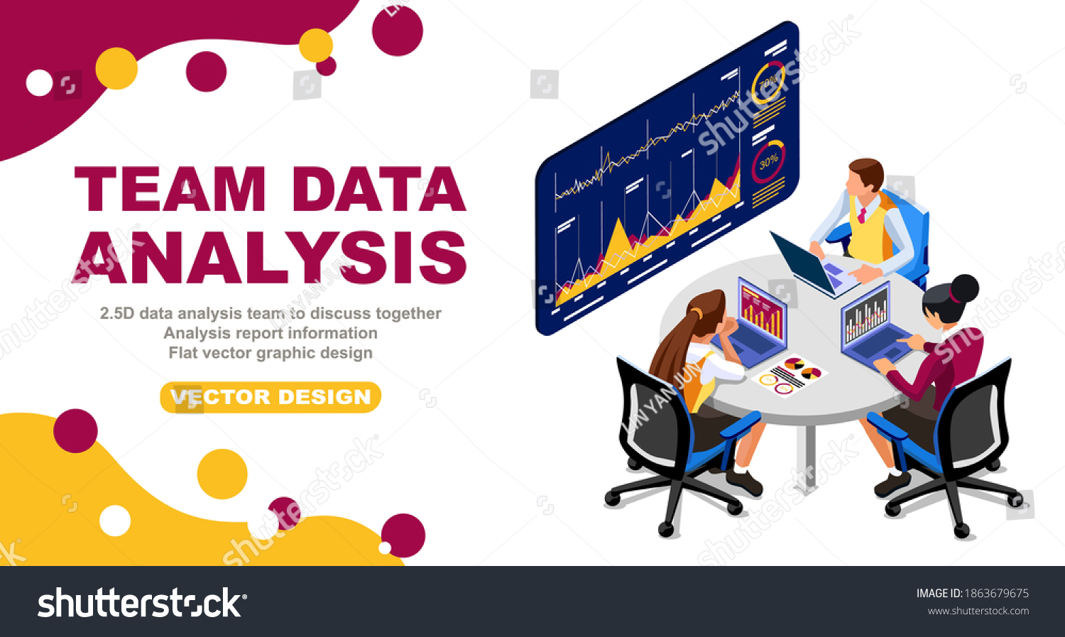 2.5D data analysis team discusses analysis report information flat vector graphic design