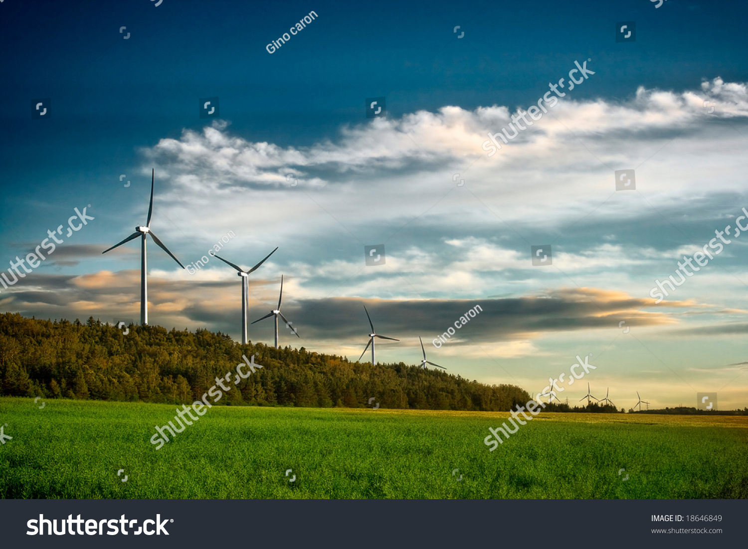 Wind turbine farm at sunset in Canada