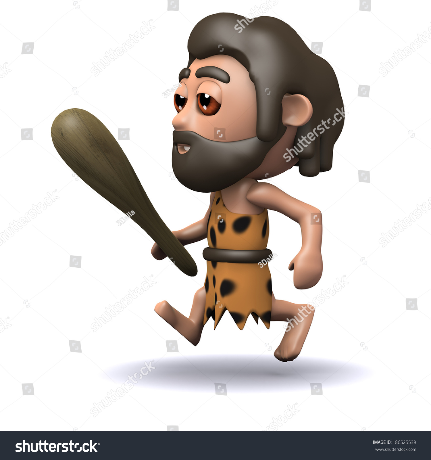 3d render of a caveman running with his club in hand