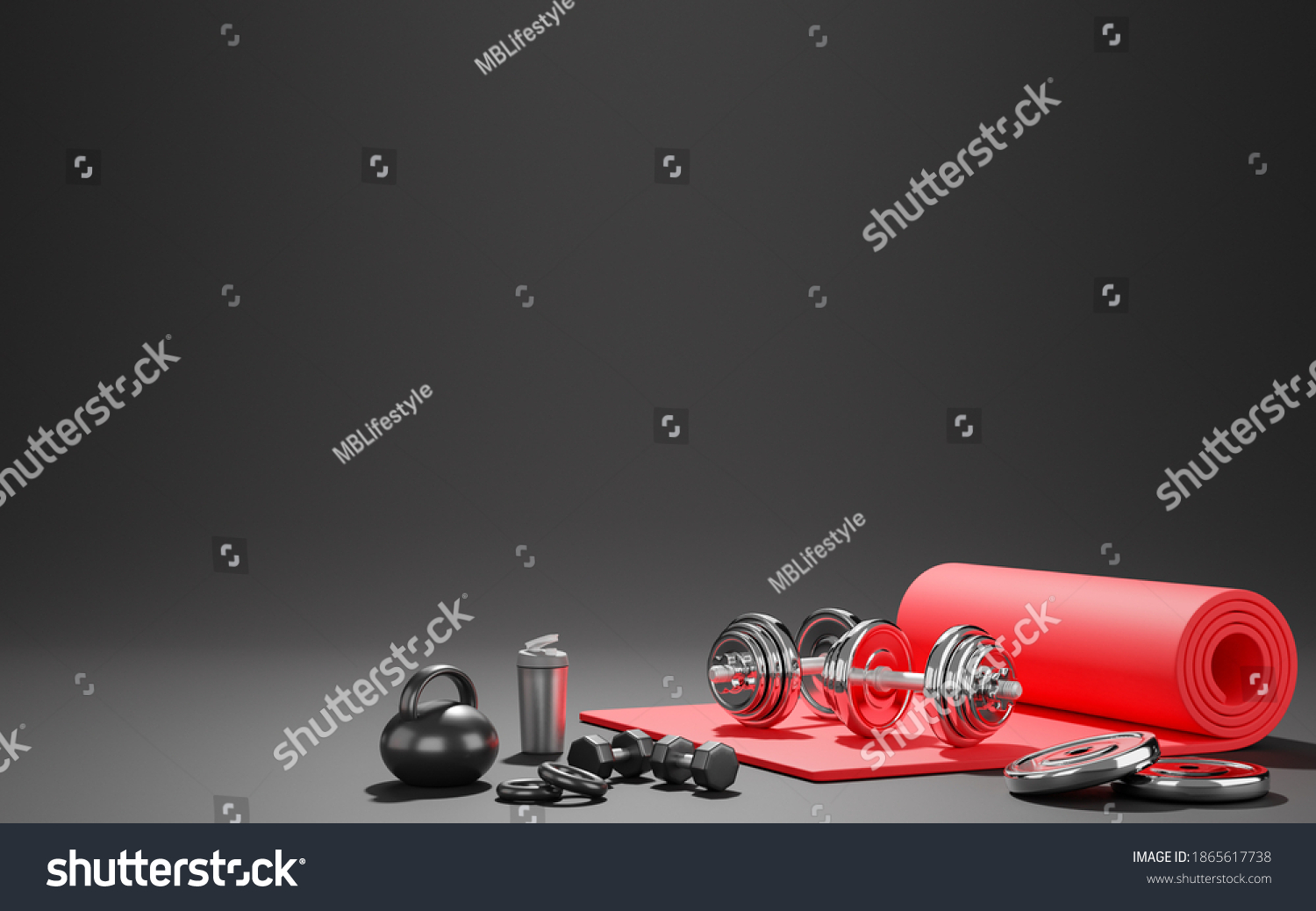 Sport fitness equipment  red yoga mat  kettlebell  bottle of water  dumbbells over black color background. 3D rendering.