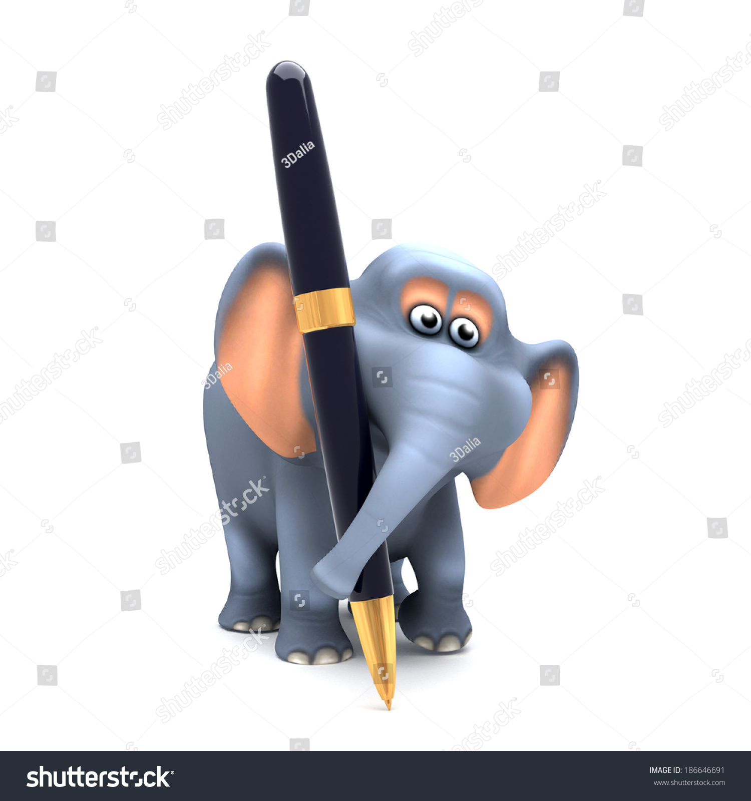 3d render of an elephant writing with a pen