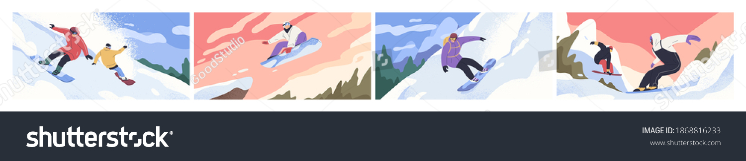 在雪山或山坡上 滑雪者骑马板的场景集。冬季服装在滑雪板中滑动和跳跃。户外运动活动。五颜六色的平面矢量图