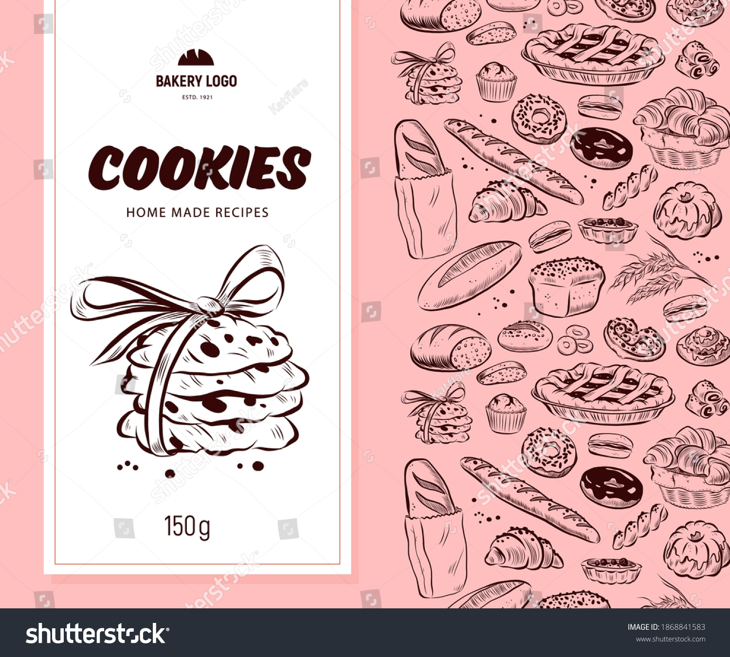 Vector packaging design with bakery goods pattern and cookies label  banner. Hand drawn cookie illustration  vintage sketch style. Line art.