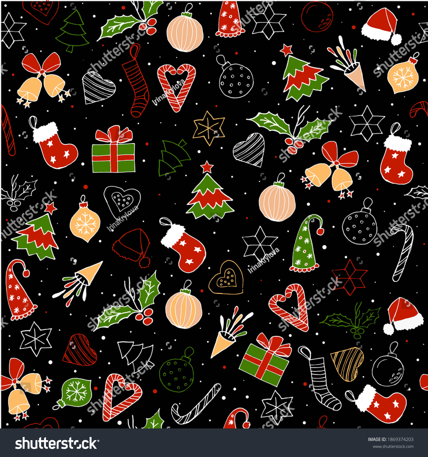 Illustration of a seamless Christmas and New Year pattern on a dark background for holiday wrapping paper  decor  postcards  packages  textiles  or design to create a festive mood. Hand-drawn.