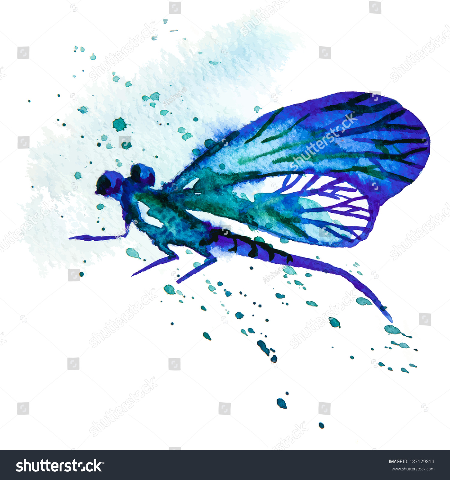 background with beautiful watercolor flying blue dragonfly