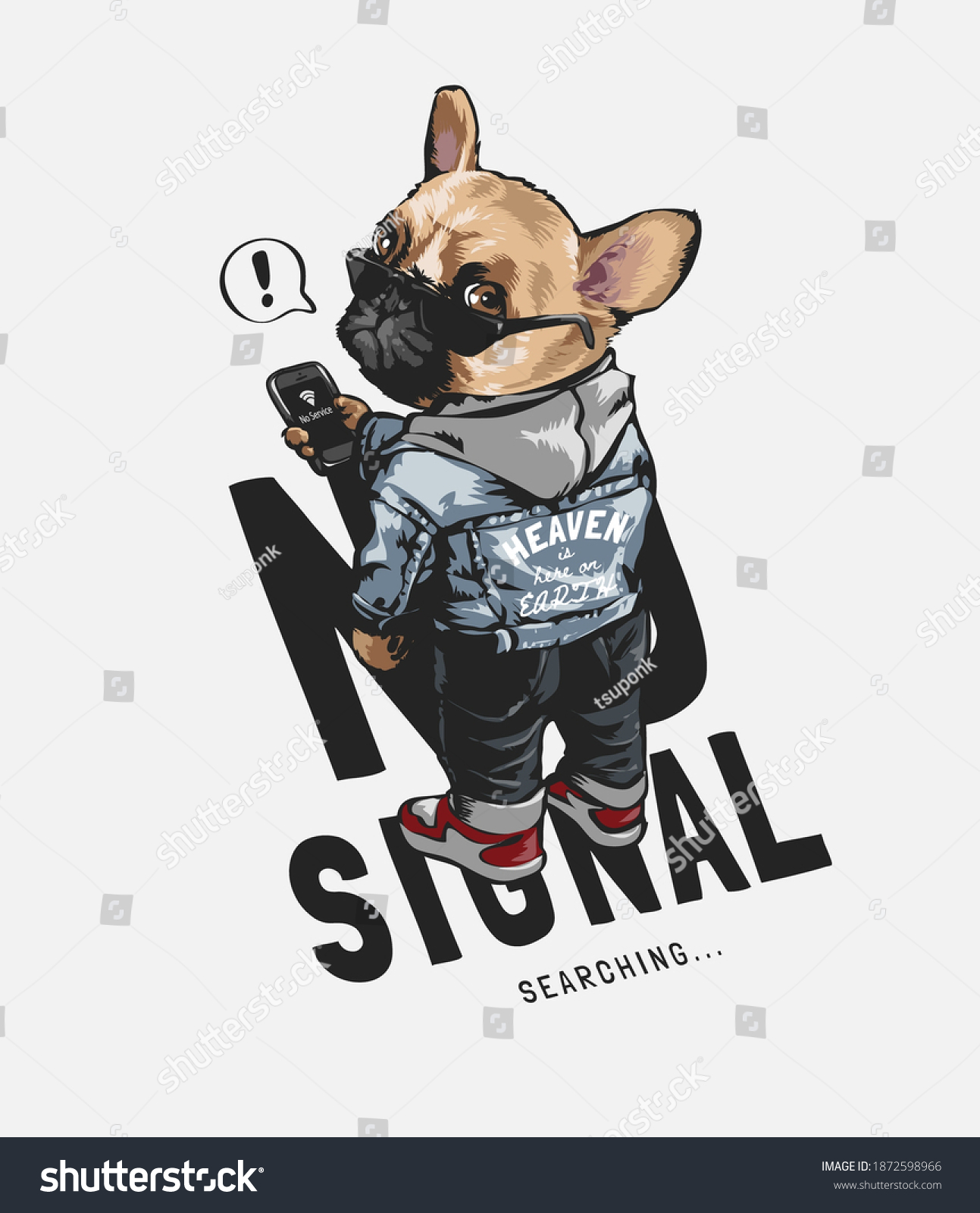 no signal slogan with cartoon dog in sunglasses holding mobile phone illustration