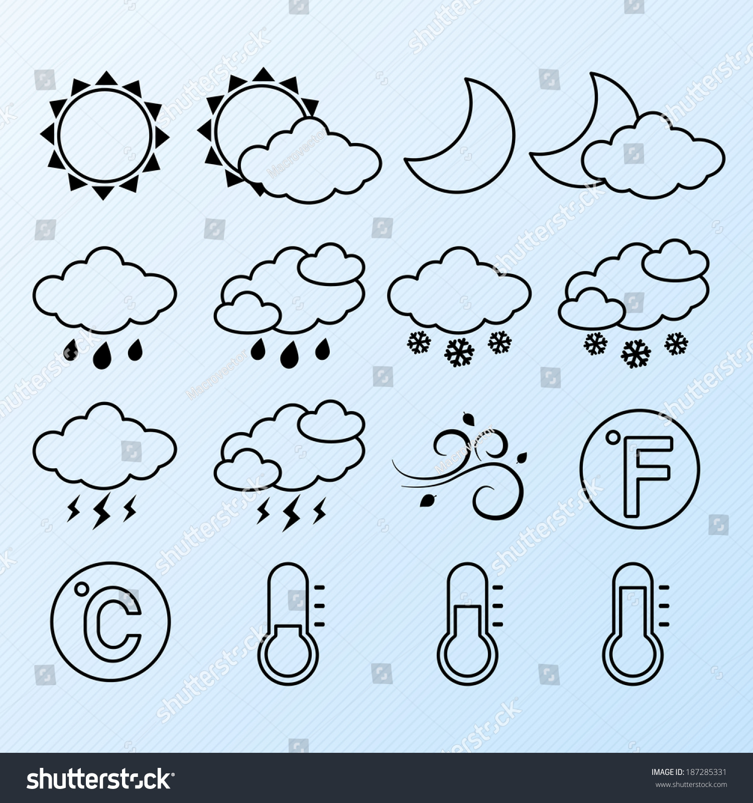 weather forecast symbols contour pictograms set of