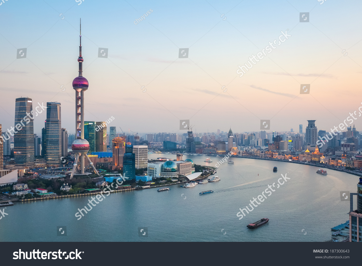 beautiful scenery of the huangpu river in shanghai at dusk  China 