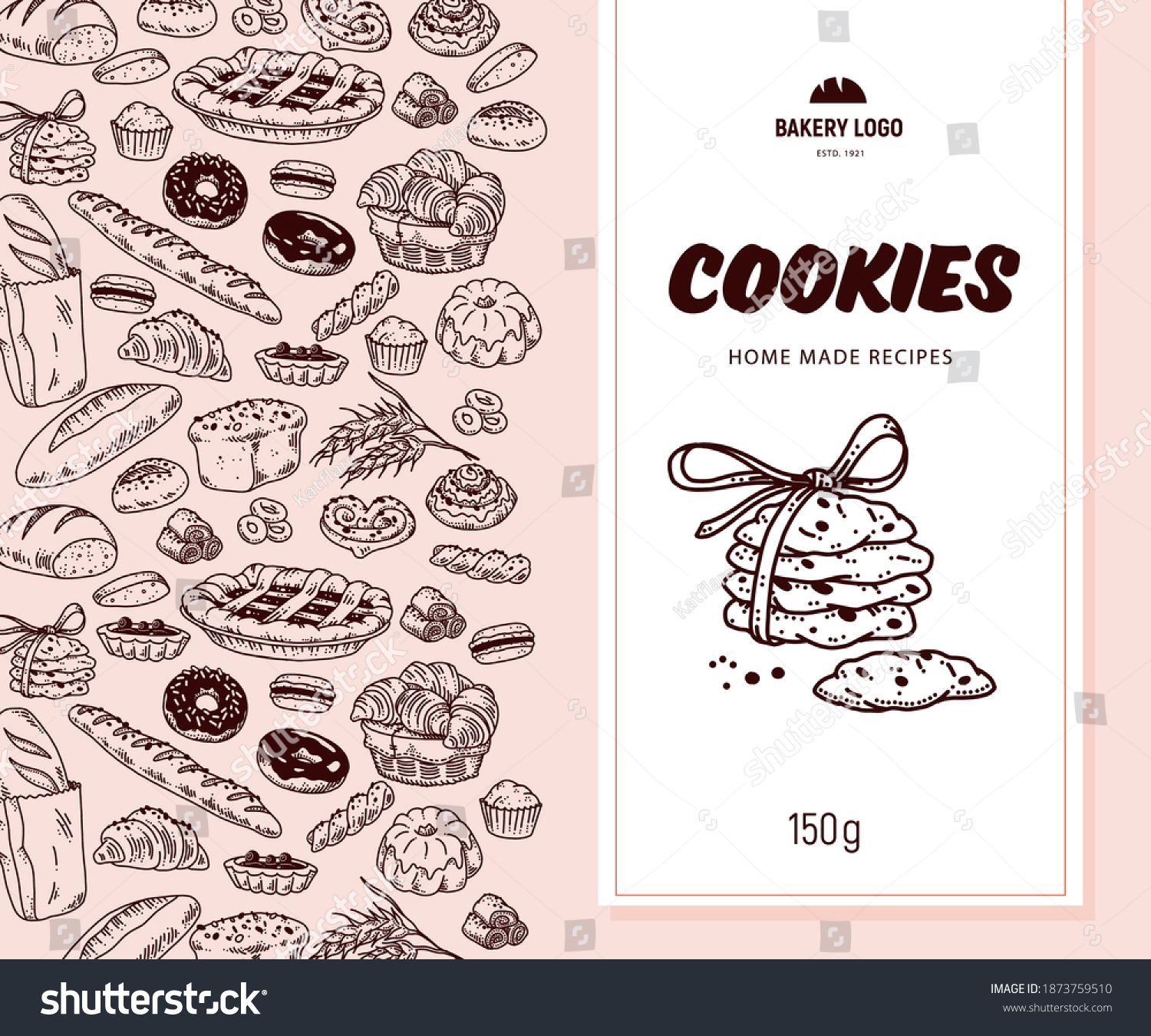 Vector packaging design with bakery goods pattern and cookies label   banner. Hand drawn cookie illustration  doodle style. Line art.