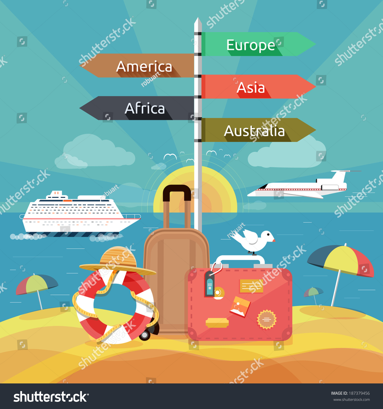 Icons set of traveling  planning a summer vacation  tourism and journey objects and passenger luggage in flat design. Different types of travel. Business travel concept