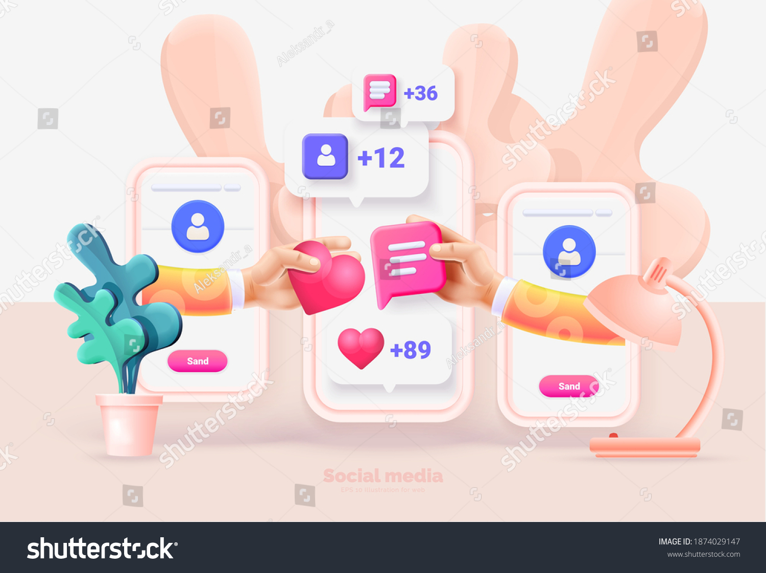 Smartphone with social media UI. Phone template. Interaction between people through social networks. Social network user interface with new likes  comments  followers. Vector illustration 3d style.