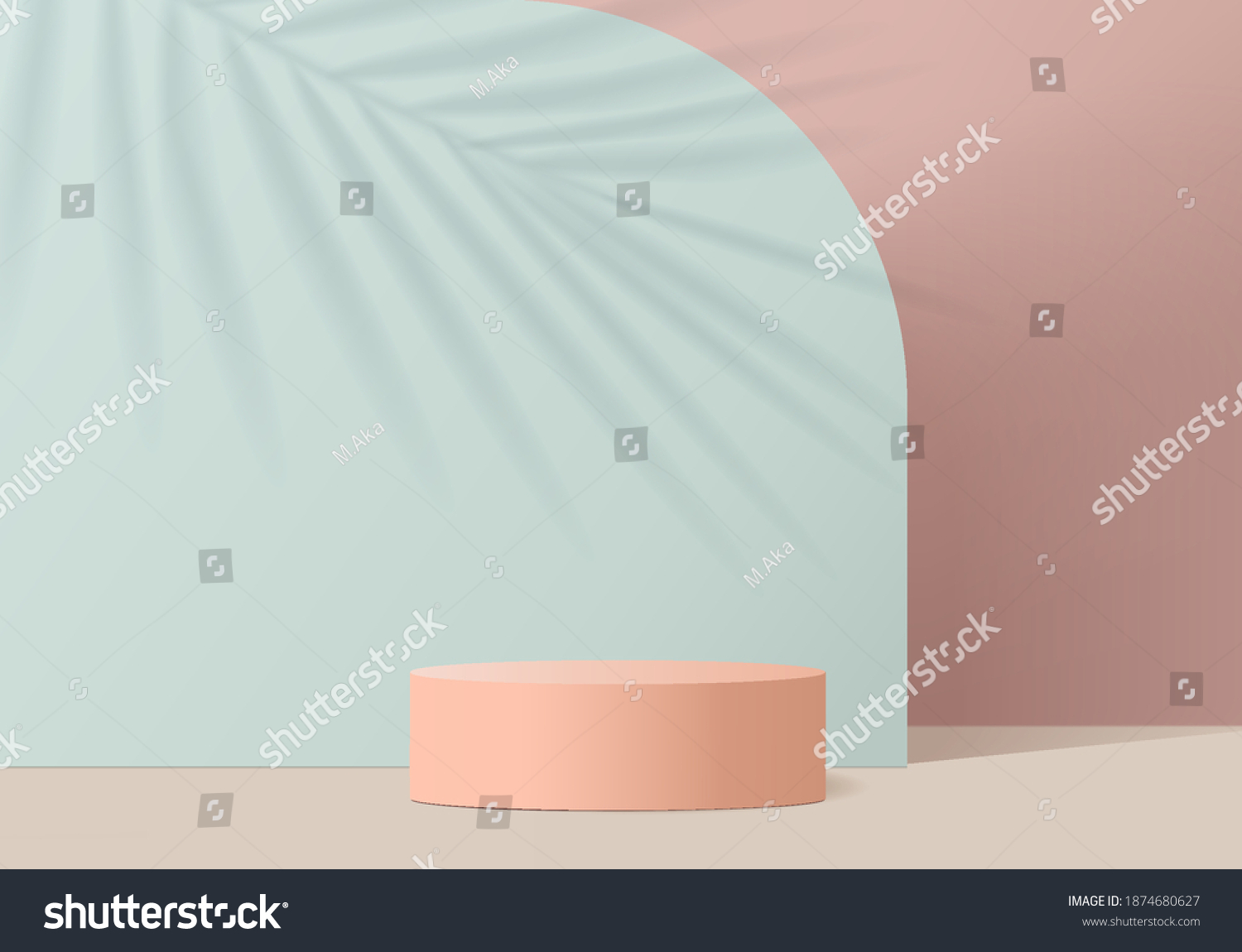 3D背景产品使用几何领奖台平台的最小场景。绿色3D讲台矢量渲染背景。站立展示化妆品。舞台展示3D工作室基座 粉红色的蓝色柔和颜色