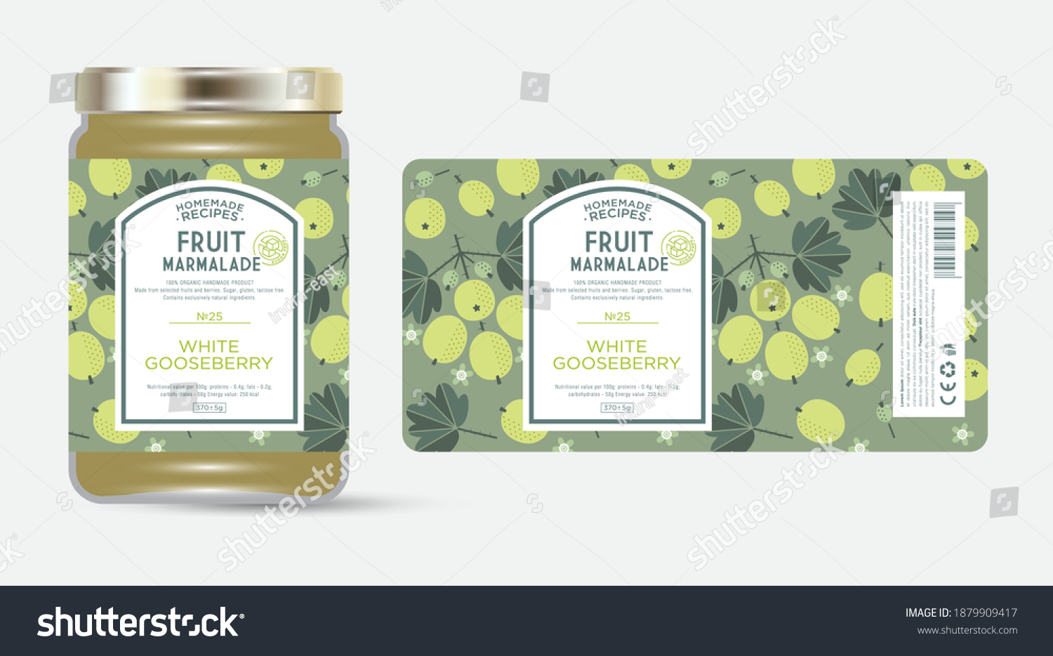 Label and packaging of white  green gooseberry marmalade. Jar with label. Text in frame with stamp (sugar free) on seamless pattern with berries  flowers and leaves.