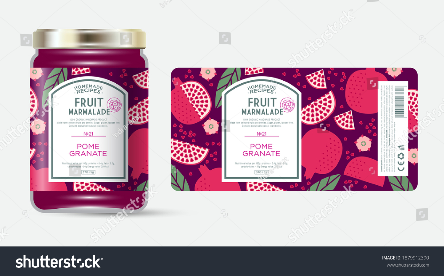 Label and packaging of pomegranate marmalade. Jar with label. Text in frame with stamp (sugar free) on seamless pattern with fruits  flowers and leaves.