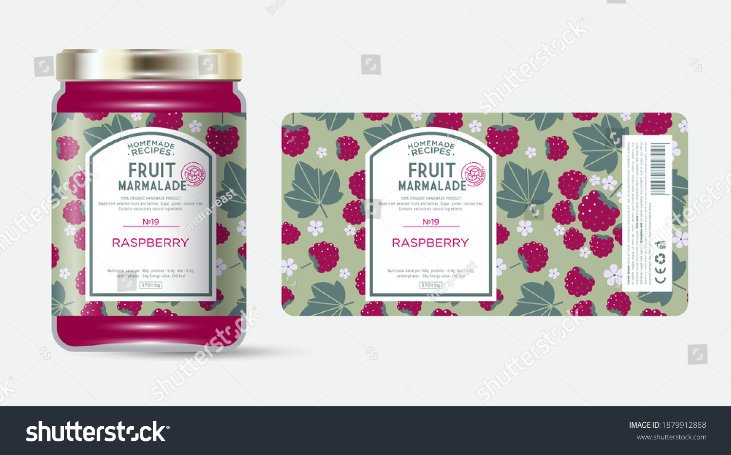 Label and packaging of raspberry marmalade. Jar with label. Text in frame with stamp (sugar free) on seamless pattern with berries  flowers and leaves.