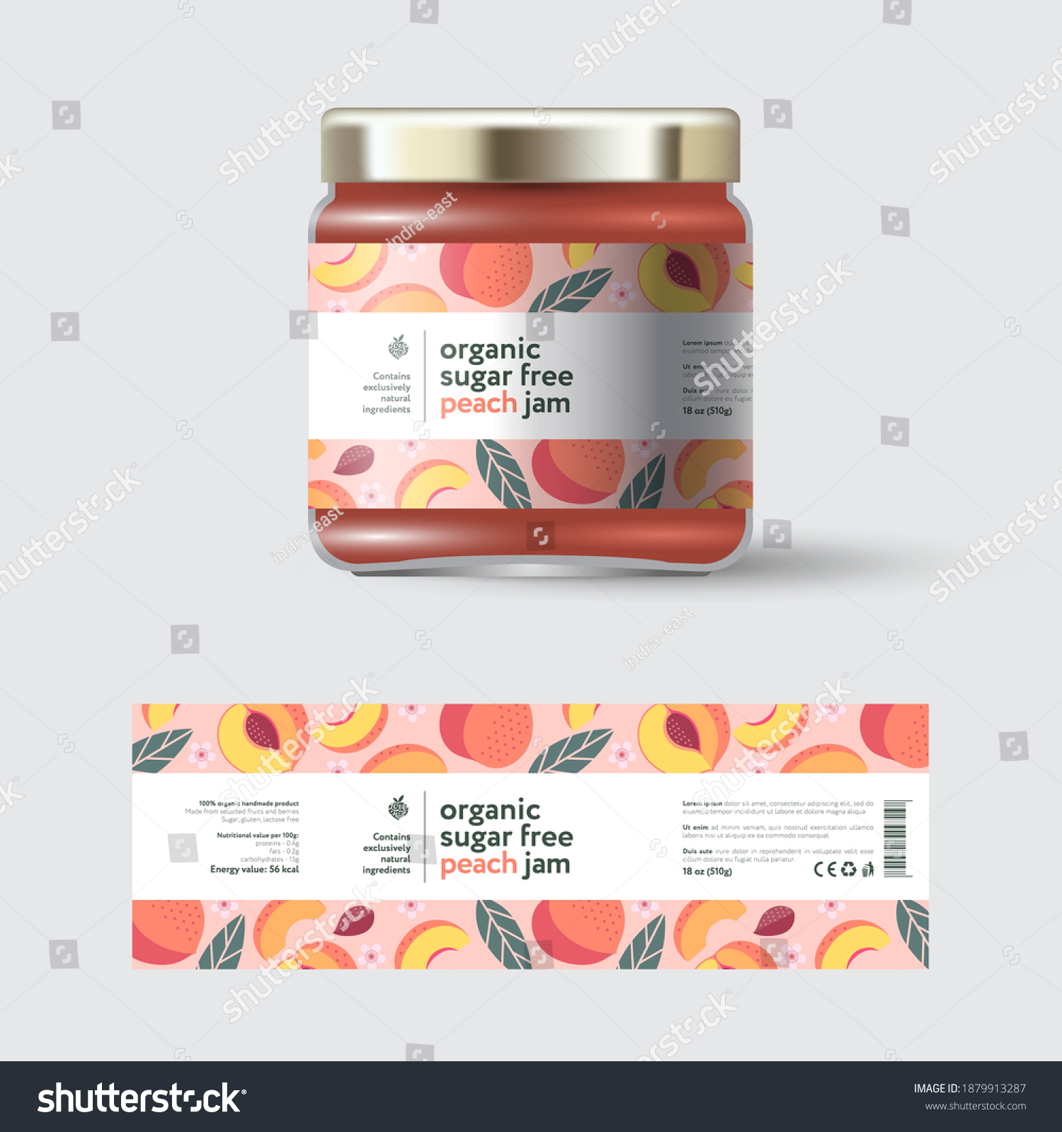 Ripe peaches fruit jam label and packaging. Jar with cap with label. White strip with text and on seamless pattern with fruits  flowers and leaves.
