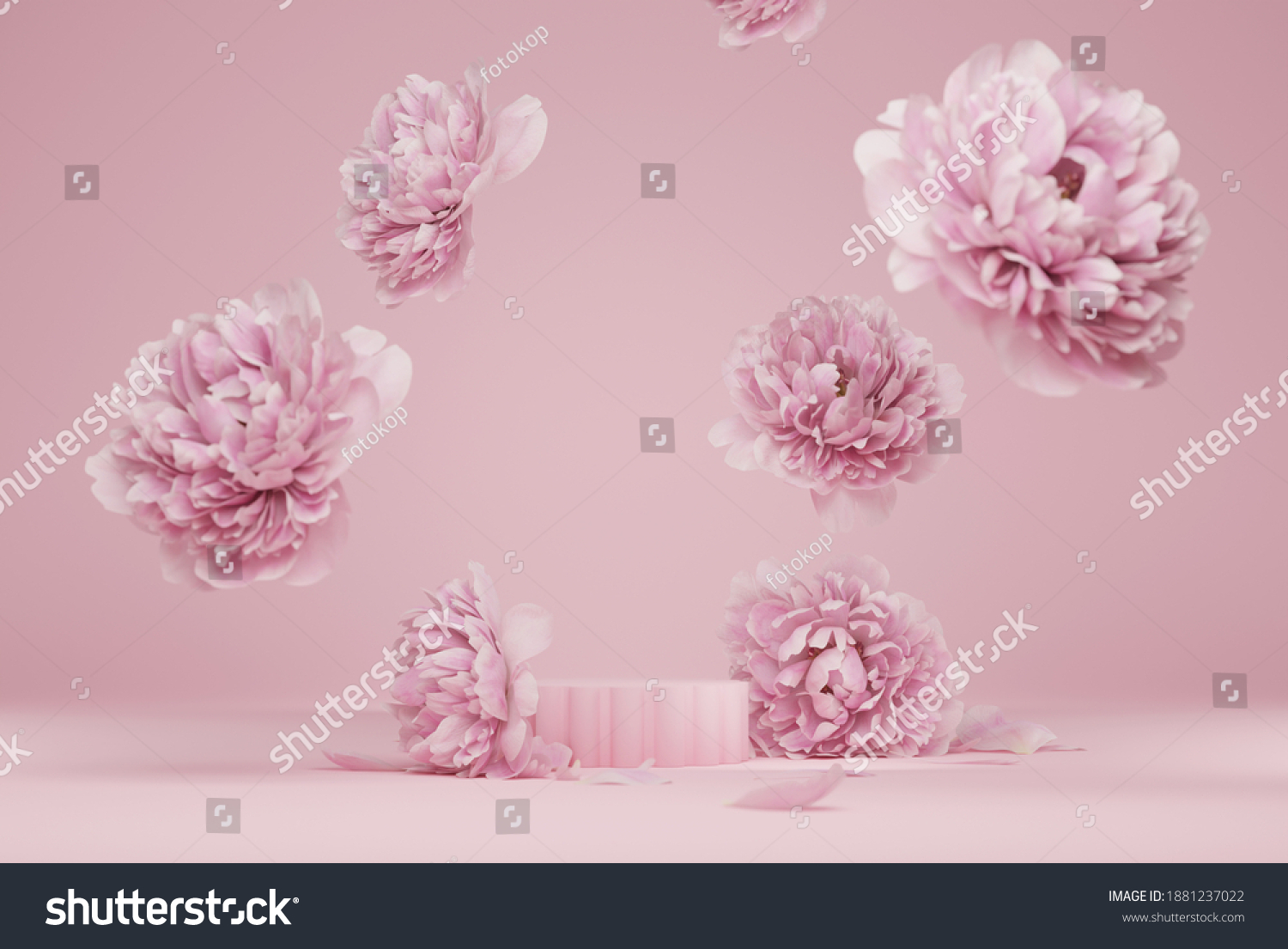 3D显示领奖台粉红色花背景。牡丹开花掉下来。大自然的美容 化妆品呈现的最小基座。情人节 女性复制空间模板3D渲染