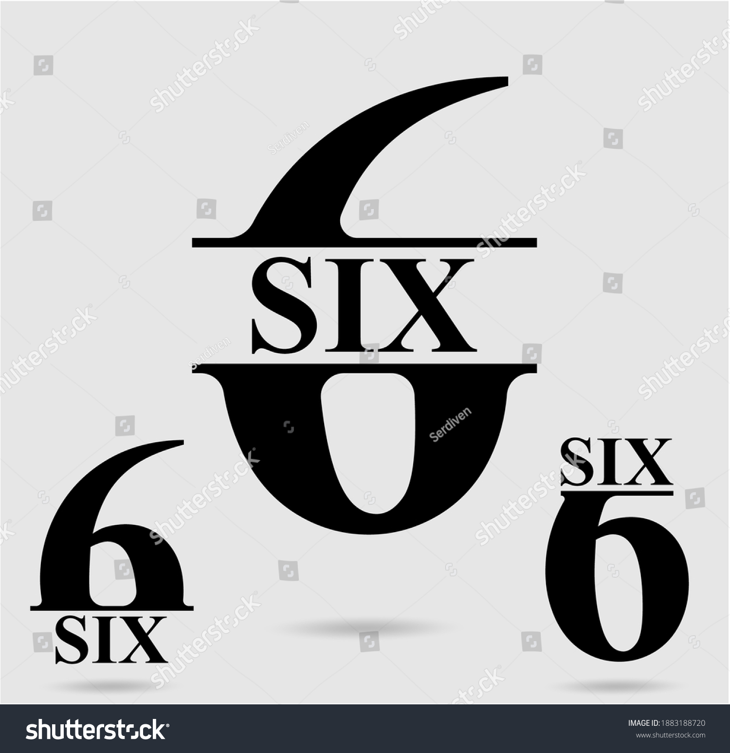 Six; numeral and word logo for number. Six letter with six figure logo design. Number names typography design. Serif font design.  Text logo studies for all numbers.