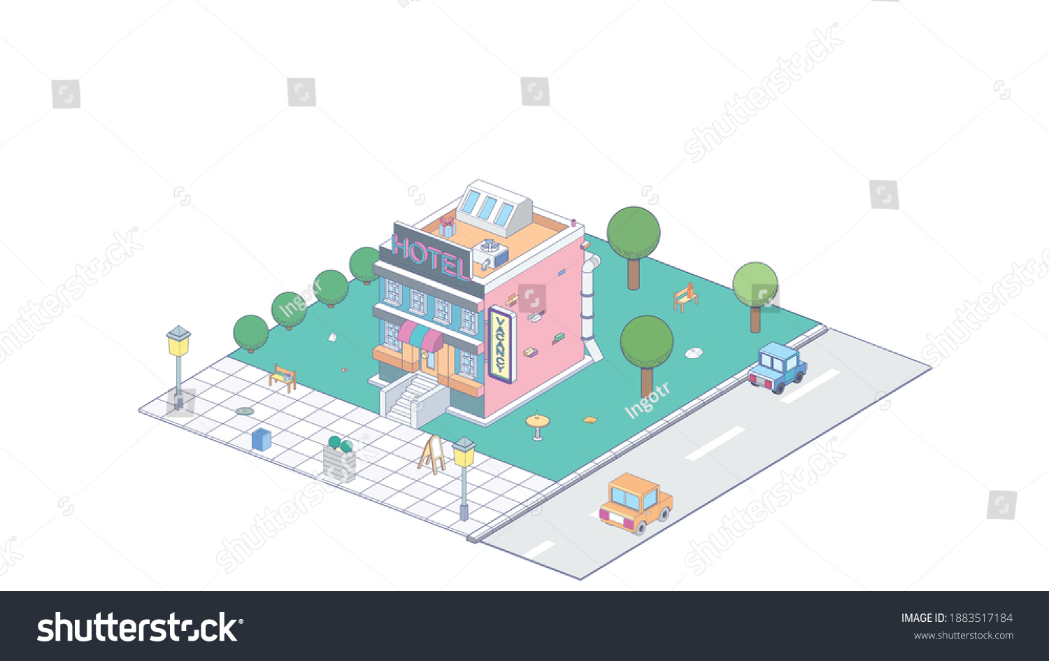 Vector Isometric icon or infographic element representing hotel building. Cars passing by on the street. Isometric concept of apartment