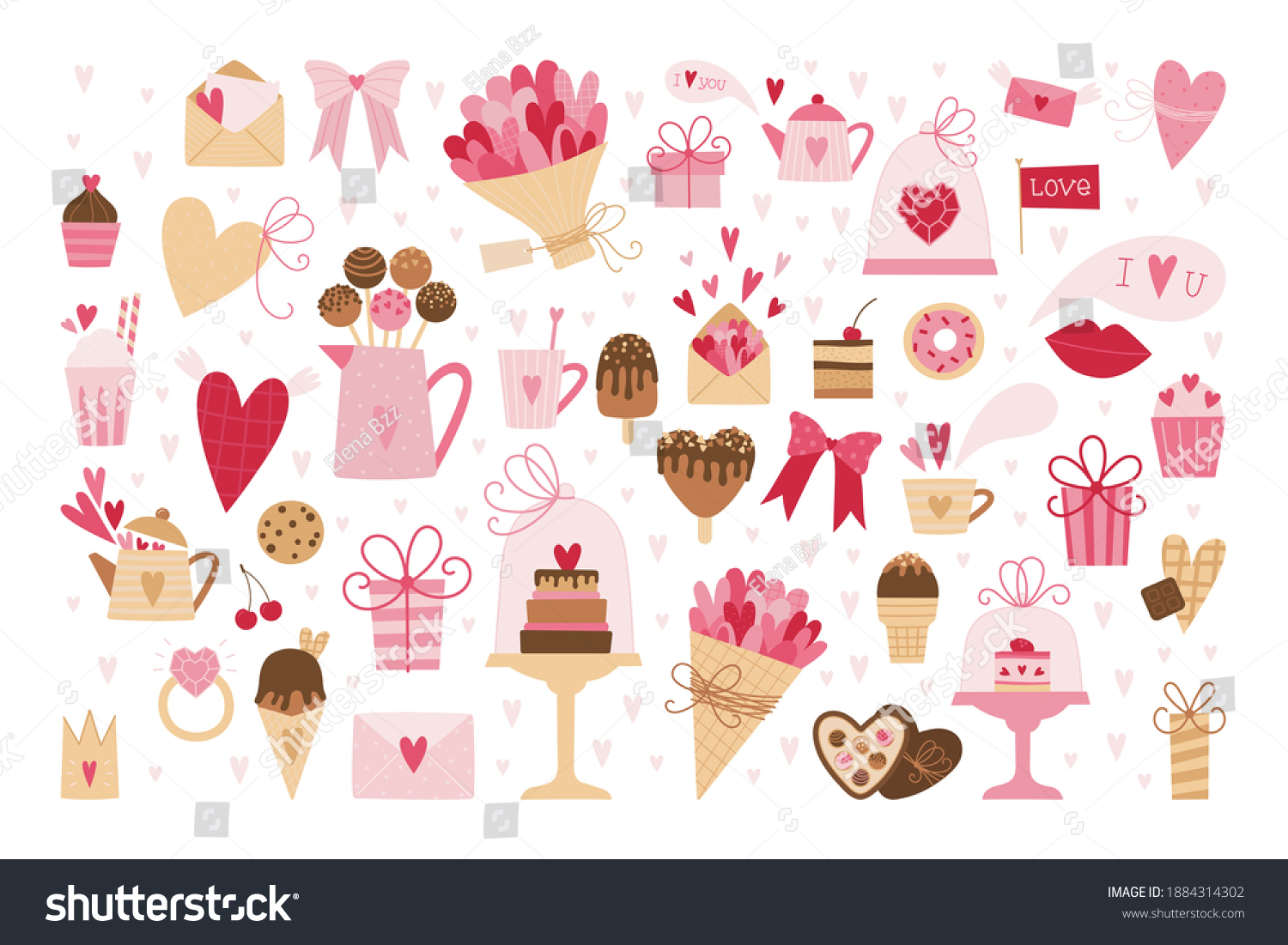 Big set of romantic elements for Valentine's day. Hearts  sweets  flowers  cupcakes  gifts  ice cream and other cute items. Vector illustrations for valentines day  stickers  greeting cards  etc.