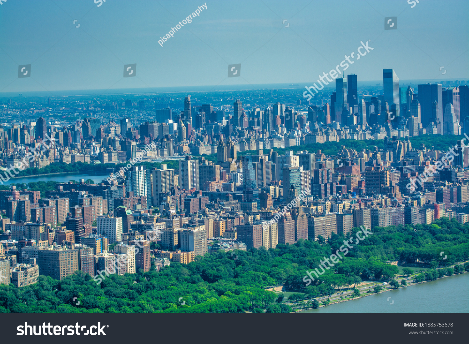 Amazing aerial view of Manhattan skyline from helicopter  New York City.