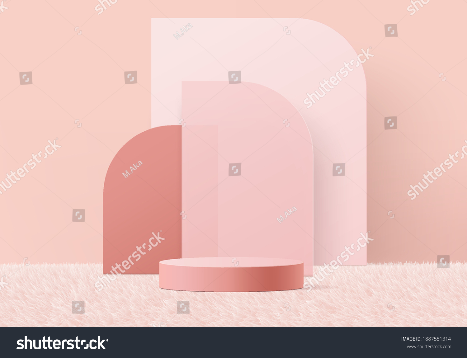 3d valentine background products minimal podium on wool carpet platform. background vector 3d rendering with podium. gold stand for show products. Stage showcase on pedestal pink wool carpet studio
