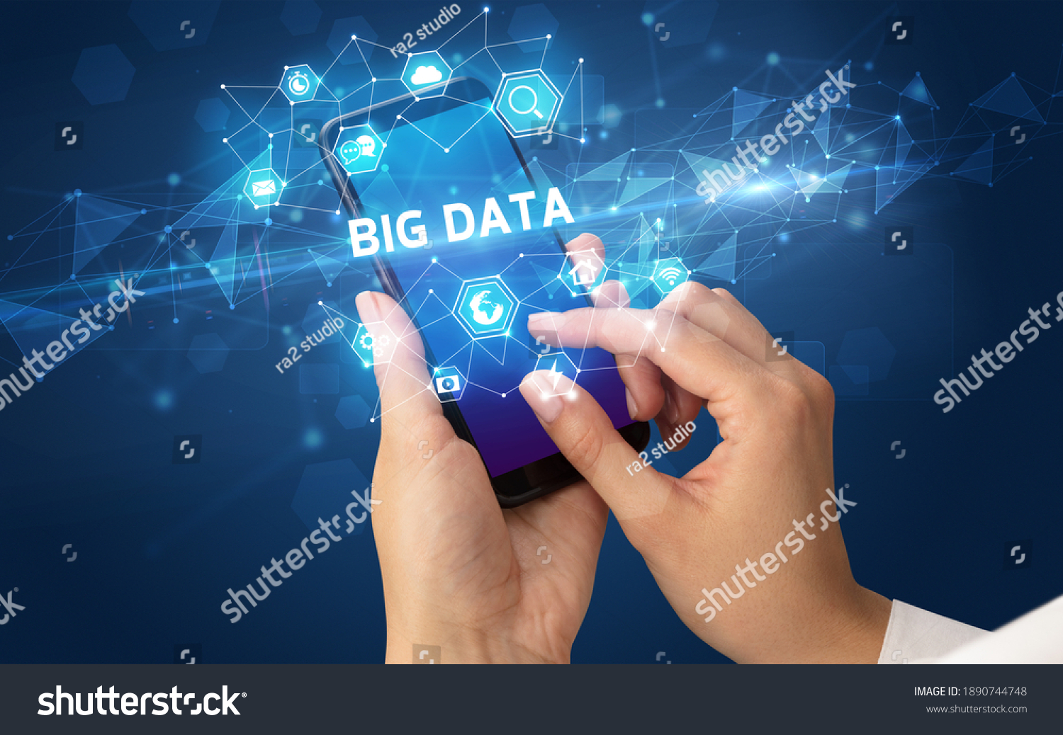 Female hand holding smartphone with BIG DATA inscription  modern technology concept