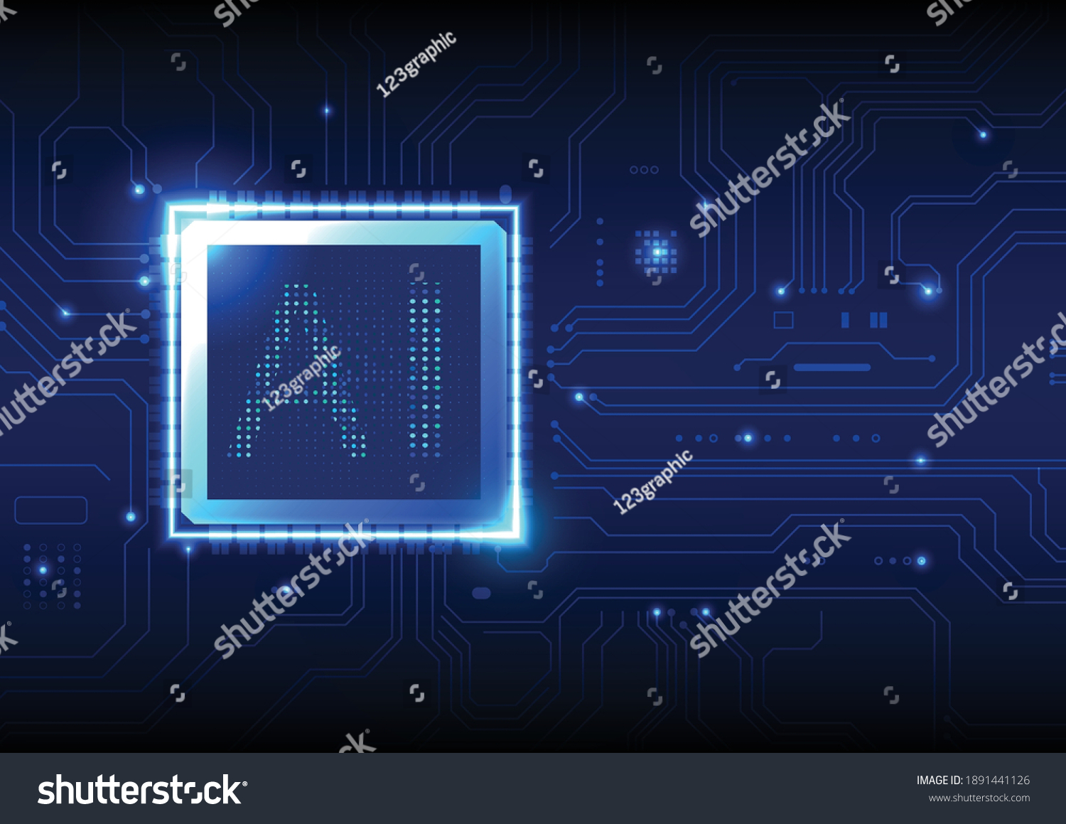 AI concept intelligence on printed circuit board blue background.