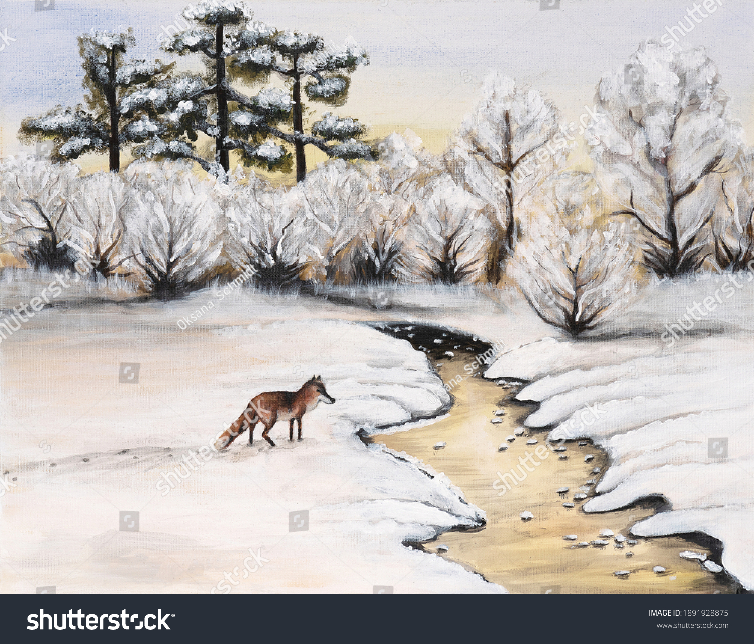 Hand drawn fox in a snow drift in the country side  painted with acrylics paints on canvas. Winter landscape.