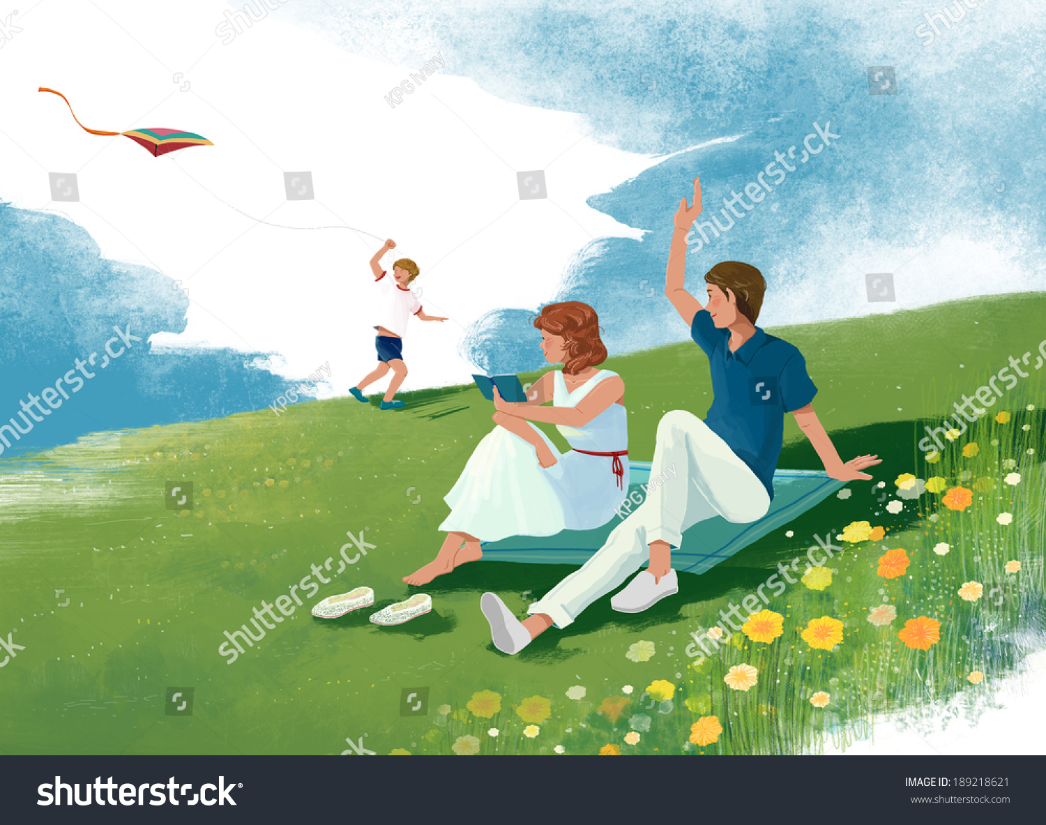 Illustration of family having picnic in park