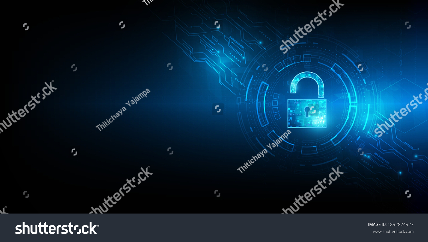 Cyber security concept. Shield With Keyhole icon on digital data background. Illustrates cyber data security or information privacy idea. Blue abstract hi speed internet technology.
