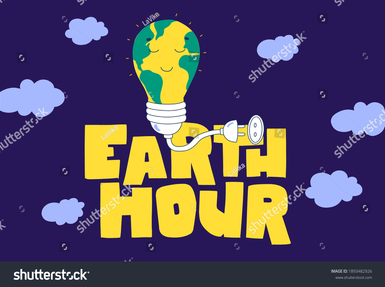 Earth hour hand lettering Flat cartoon vector illustration. Green planet earth vector.