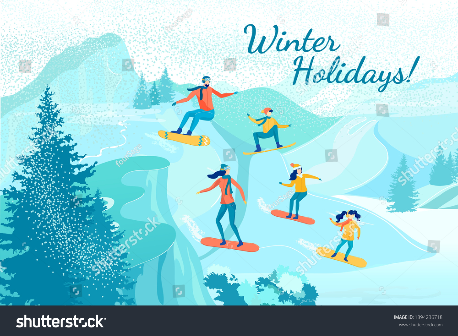 Five Membered Active Family  Mom  Dad  Two Daughters and Son  Riding from Top Snowy Hill on Snowboards  Spending Time Together Outdoors and Enjoying Cold Days. Winter Holidays Banner.