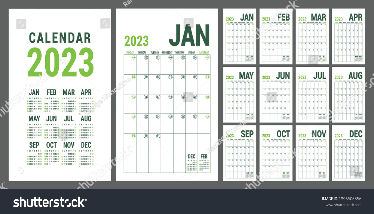 Calendar planner 2023. English calender green template. Vector grid. Office business planning. Creative trendy design