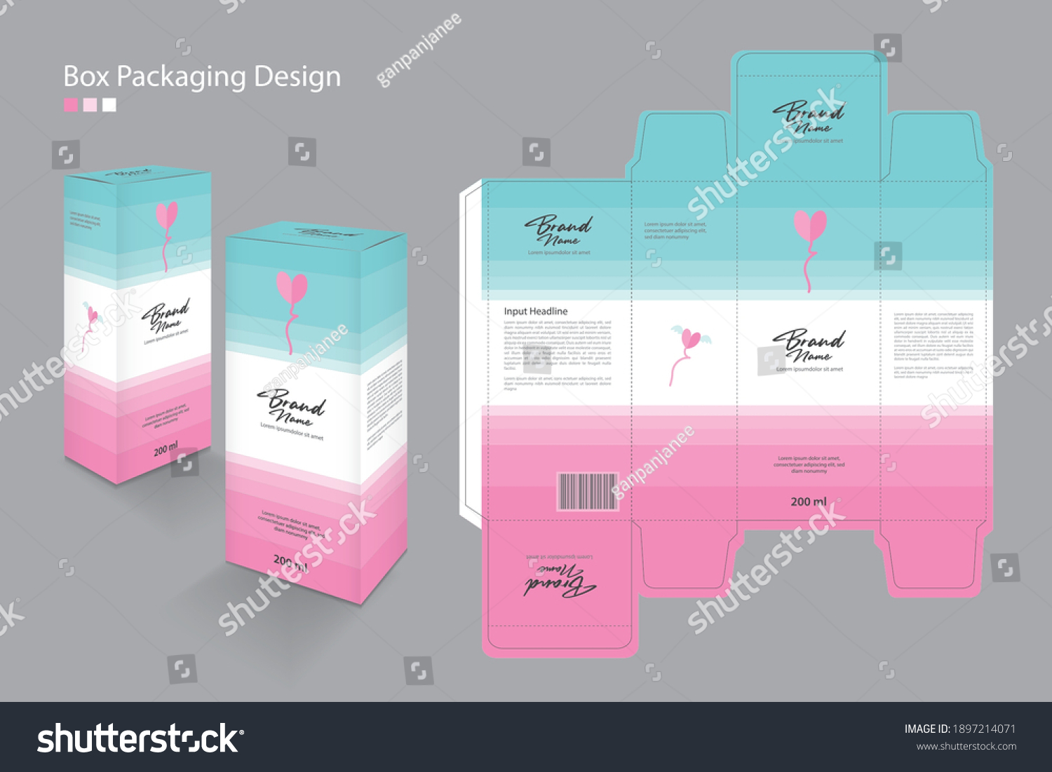Box  Packaging Template for cosmetic  Supplement  spa  Beauty  food  Hair  Skin  lotion  medicine  cream. product design creative idea. Boxes 3d   Line pattern pastel background  Heart logo vector 