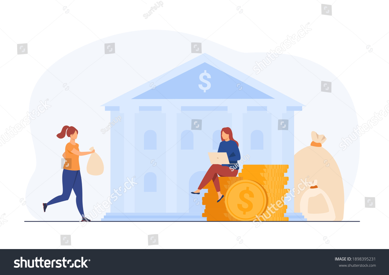 Banker taking clients money for saving. Trader or broker with laptop working on cash. Flat vector illustration. Banking  finance  stock market concept for banner  website design or landing web page