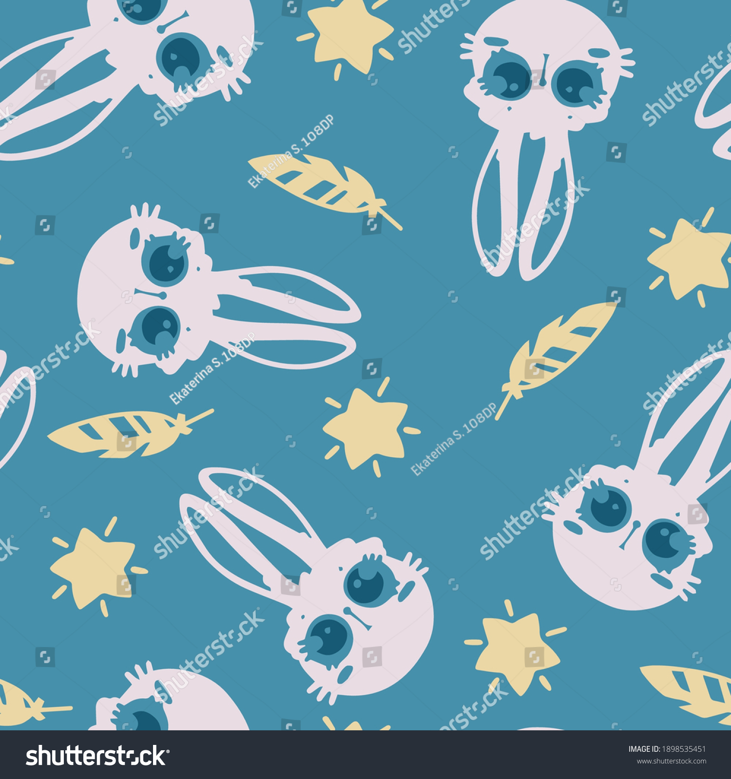 Seamless pattern with silhouettes of animals. Vector graphics. Pattern with dense filling. The image shows a hare  a star  a feather on a blue background.