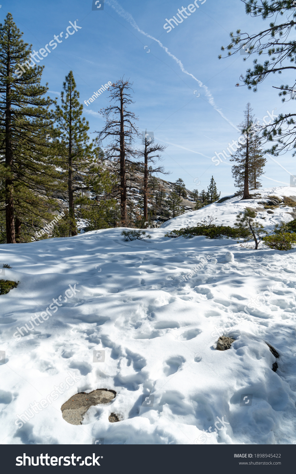 snow on the upper yosemite falls trail in yosemite national park