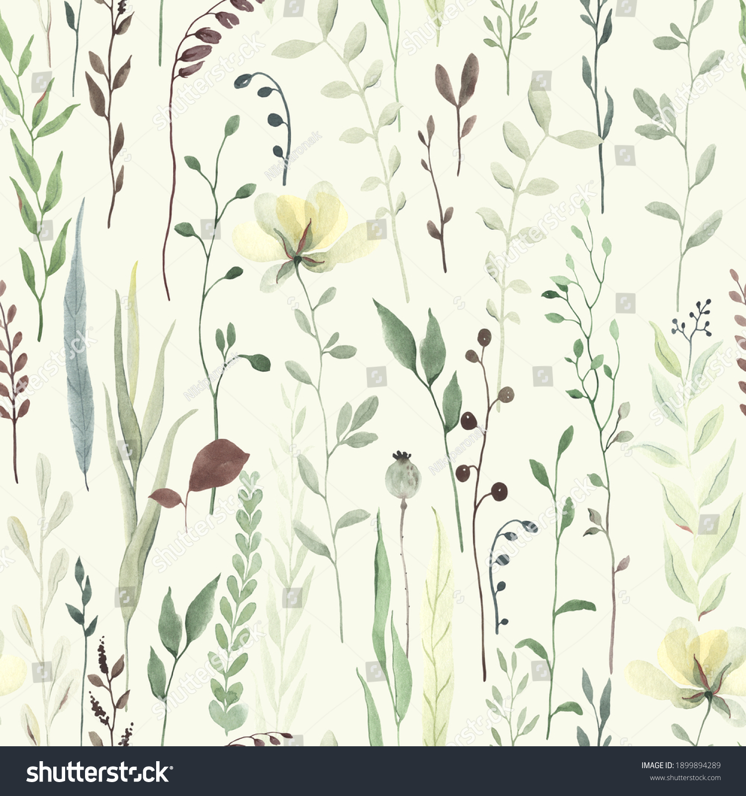 Floral seamless pattern with greenery wildflowers random abstract ...