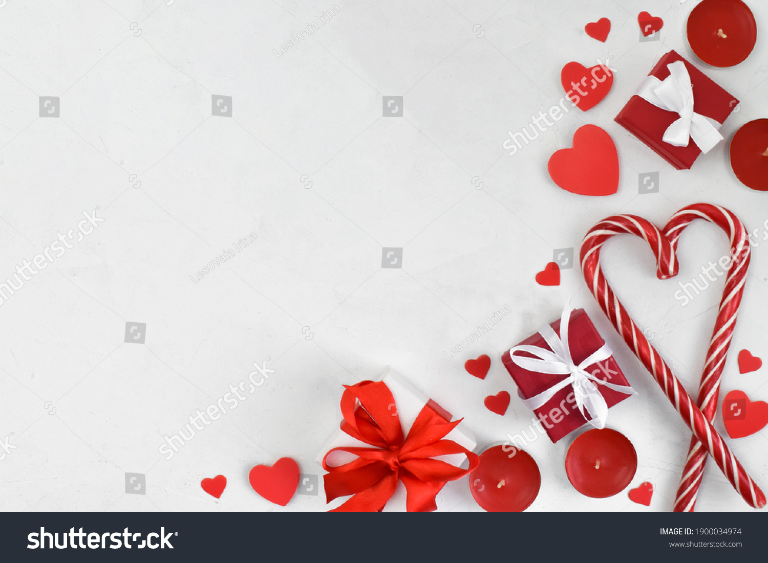 White background with gifts and hearts and lollipops. Layout for Valentine's Day