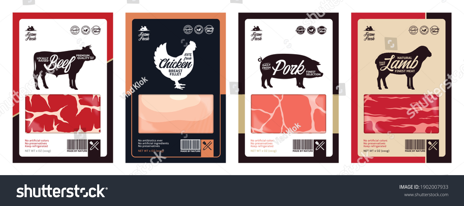 Vector butchery labels with farm animal silhouettes. Cow  chicken  pig and sheep icons and meat textures for groceries  meat stores  packaging and advertising
