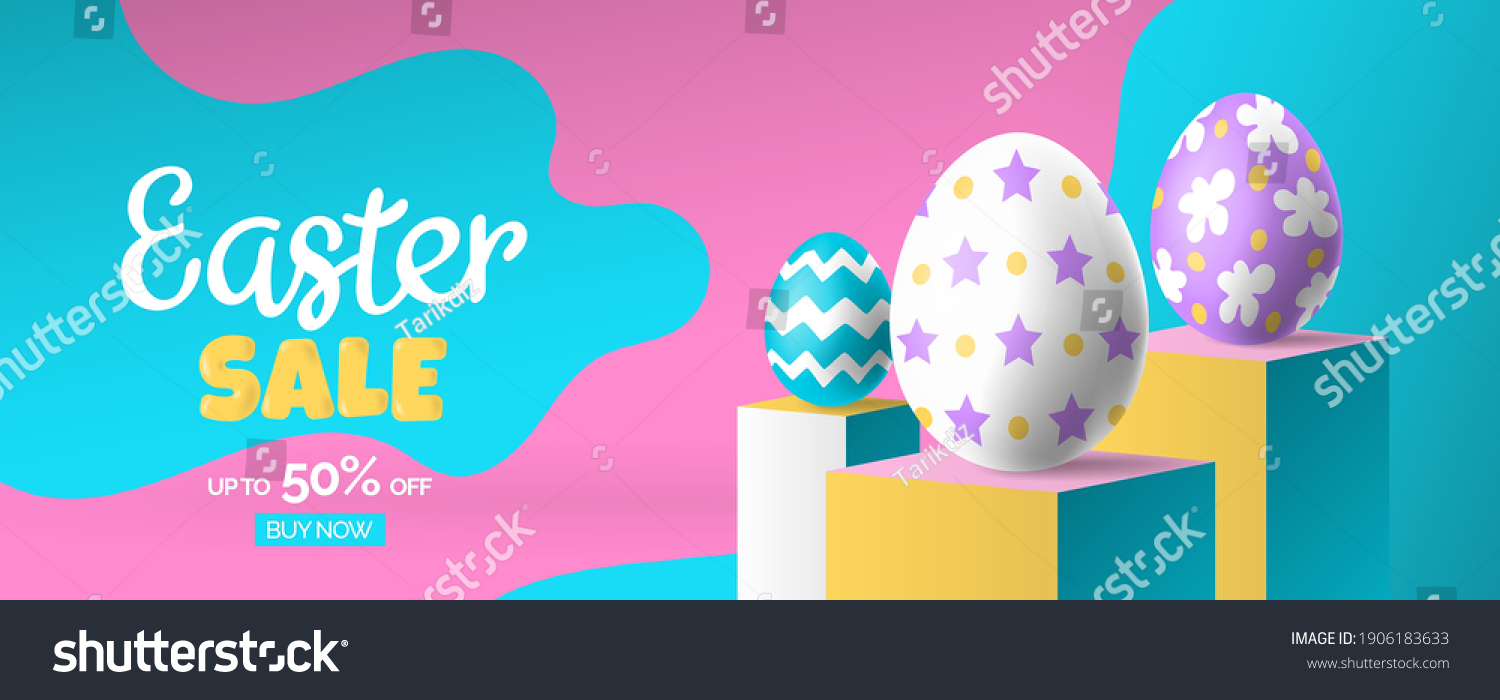 easter sale web banner design with 3d eggs on podiums  trendy vector illustration