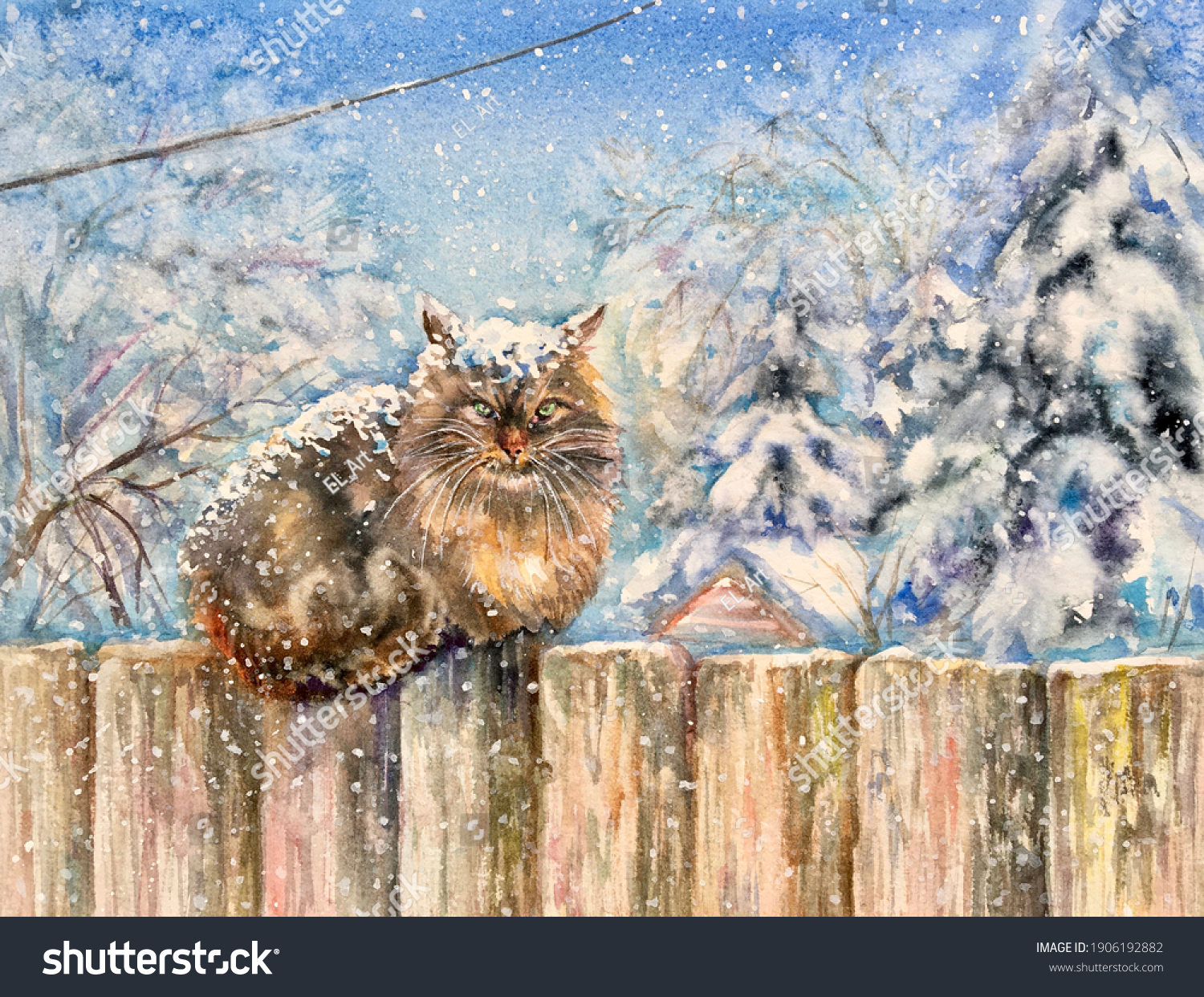 Watercolor fluffy kitty. The cat sits on the wooden fence in winter. Winter background: white  blue  purple. Design element. 
