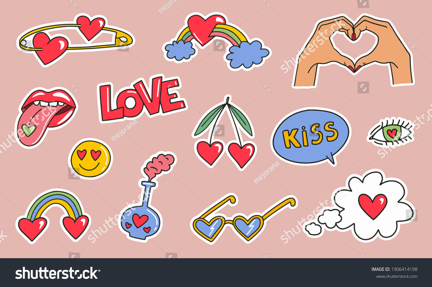 Hand drawn cute romantic colorful stickers set. Fashion patches of lips  hands  rainbow  hearts  sun glasses  comic bubbles etc. Cartoon style. Vector illustration