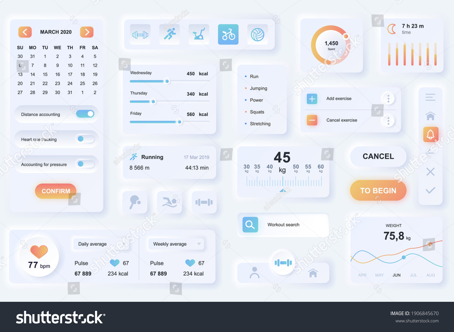 User interface elements for fitness mobile app. Unique neumorphic design UI  UX  GUI  KIT elements template. Neumorphism style. Different form  components  button  menu  sport vector icons.